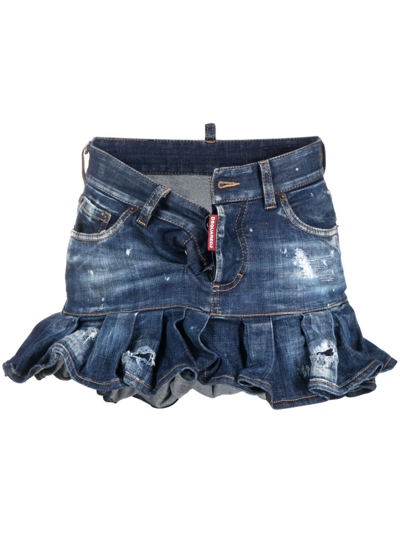 Dsquared2 Distressed-effect Pleated Denim Skirt In Blue