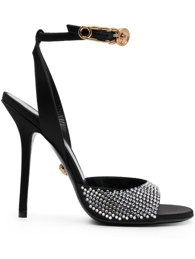 Versace Embellished Safety Pin Sandals 110 In Black &  Gold