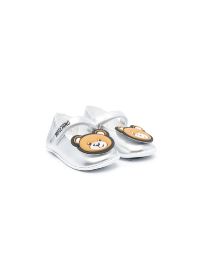 Moschino Babies' Teddy Bear- Patch Metallic Ballerinas In Silver