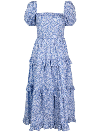 Polo Ralph Lauren 花卉印花泡泡袖超长连衣裙 In Blue