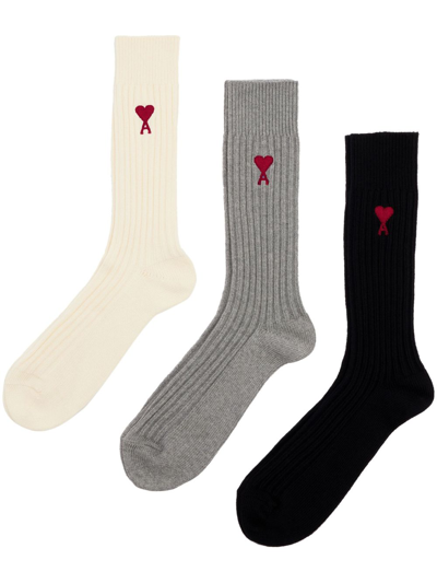 Ami Alexandre Mattiussi Ribbed Knit Signature Set Of Three In Off White/ Grey/ Black