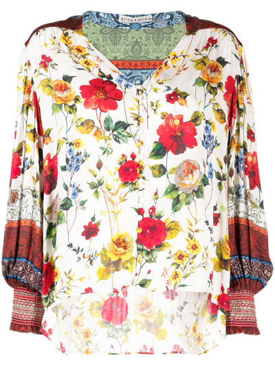 Alice And Olivia Serena Floral-print Blouse In Red