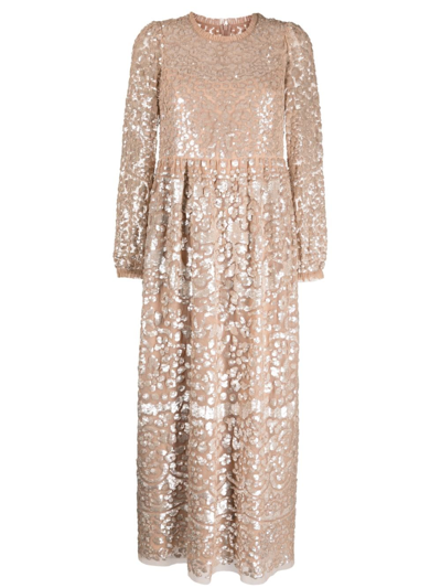 Needle & Thread Lucille Sequin-embellished Long-sleeved Maxi Dress In Soft Camel/gold