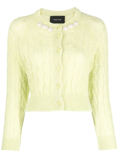 Simone Rocha Embellished Cropped Mohair-blend Cardigan In Greem