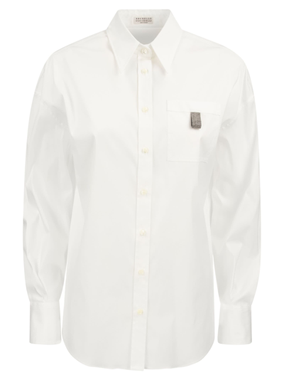 Brunello Cucinelli Stretch Cotton Poplin Shirt With Shiny Tab In White