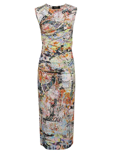 Dsquared2 Abstract-print Gathered-detail Midi Dress In Pink