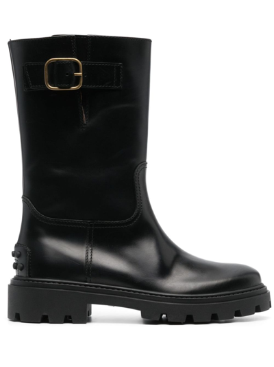 TOD'S BLACK BUCKLE KNEE-HIGH LEATHER BOOTS,XXW08J0HL80RBT20062656