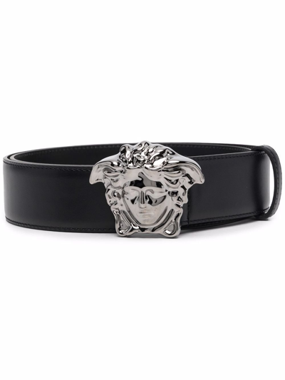 Versace Medusa Buckle Leather Belt In Black