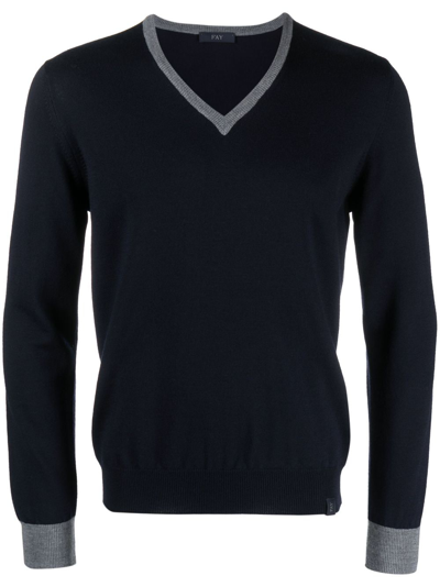 Fay V-neck Fine-knit Sweatshirt In Blue