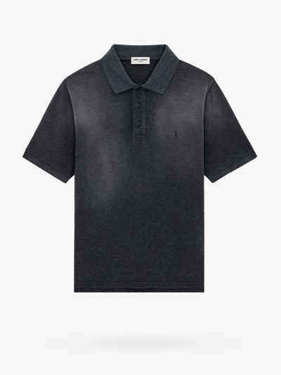 Saint Laurent Brand-embroidered Contrast-trim Cotton-blend Polo In Grey