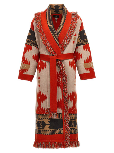Alanui Icon Jacquard Knit Belted Longline Cardigan In Red