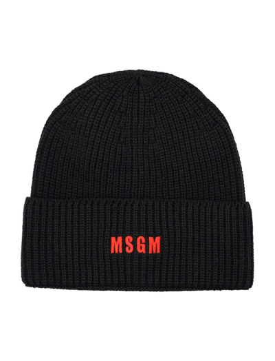 Msgm Logo刺绣罗纹针织套头帽 In Black