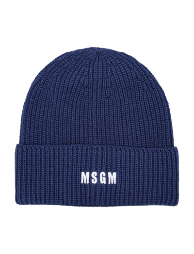 Msgm Logo刺绣罗纹针织套头帽 In Blue