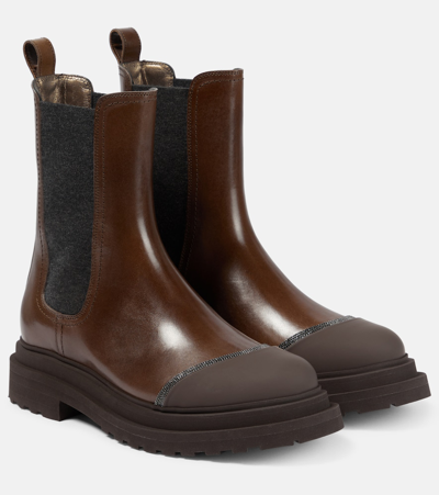 Brunello Cucinelli Embellished Leather Chelsea Boots In Brown
