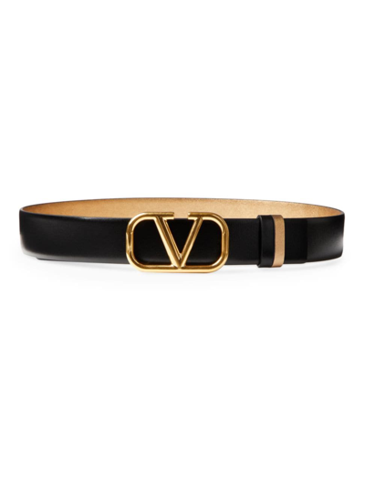 Valentino Garavani Vlogo Signature Reversible Belt In Shiny And Metallic Calfskin 30mm Woman Antique In Antique Brass/black