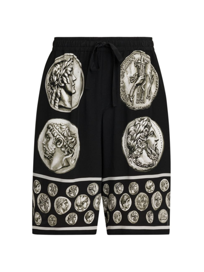 Dolce & Gabbana Roman-coin Print Silk Bermuda Shorts In Black