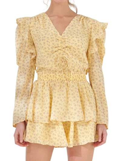 Endless Rose Ruched Front Long Sleeve Floral Romper In Yellow