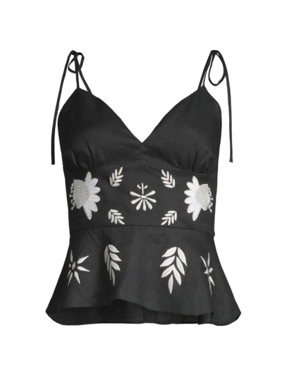 Cynthia Rowley Floral-embroidered Hemp Top In Black