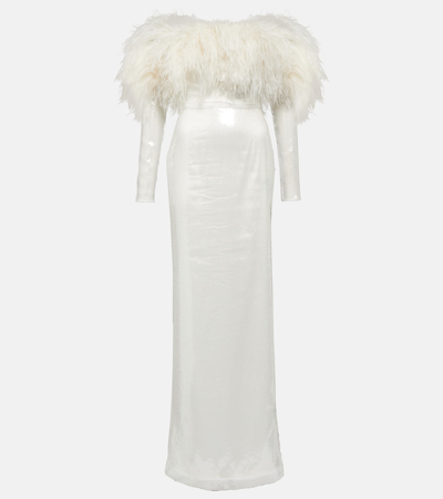 David Koma Off-shoulder Sequined Feather-trimmed Gown In White