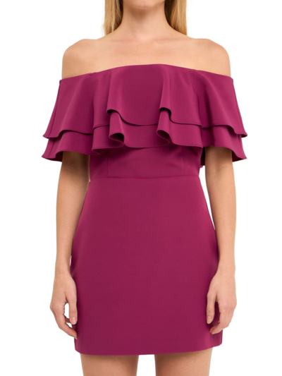 Endless Rose Ruffled Off Shoulder Mini Dress In Plum