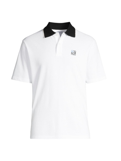 Loewe Men's Pique Contrast-collar Polo Shirt In White