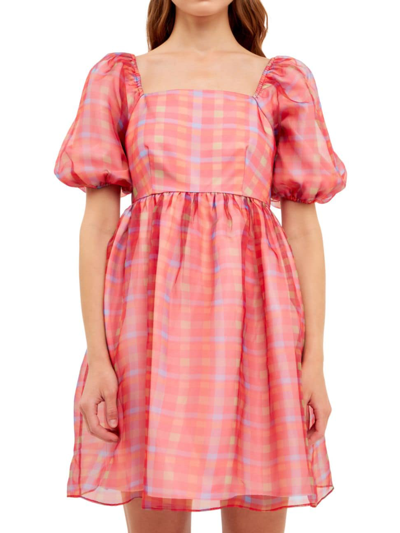 Endless Rose Checker Print Puff Sleeve Babydoll Minidress In Multi