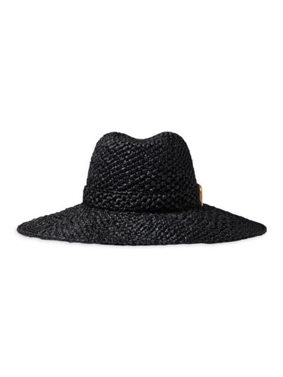 Valentino Garavani Vlogo Crochet Straw Fedora Hat In Black