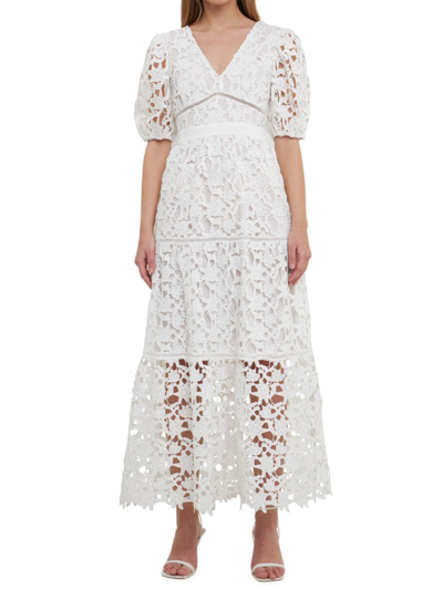 Endless Rose Women's Puff Sleeves Lace Tiered Maxi Dress In White