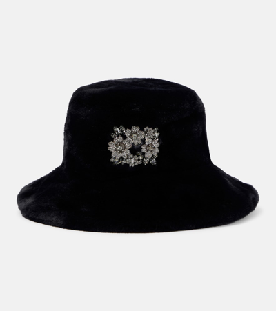 Roger Vivier Embellished Faux Fur Hat In Black