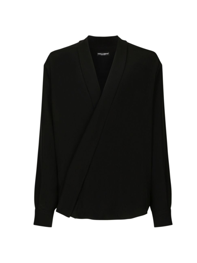 Dolce & Gabbana V-neck Long-sleeved Silk Shirt In Black