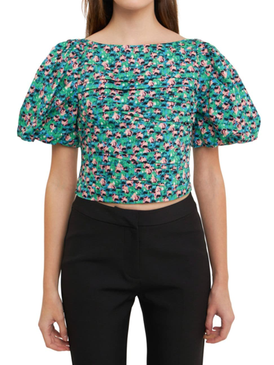 Endless Rose Bright Floral Ruched Poplin Top In Green