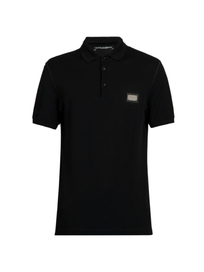 Dolce & Gabbana Logo-plaque Cotton Polo Shirt In Nero