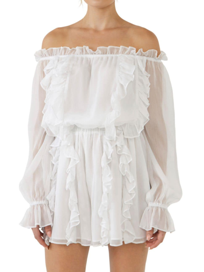 Endless Rose Off The Shoulder Ruffled Romper In White