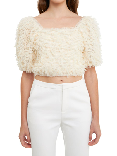 Endless Rose Mesh Trimmed Puff Sleeve Top In White