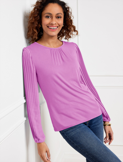 Talbots Pleated Sleeve Crewneck Top - Radiant Orchid - X  In Radiant Orchid