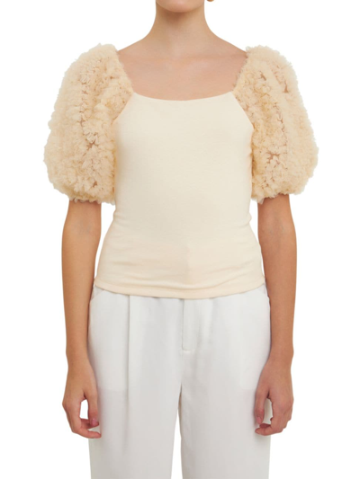 Endless Rose Tulle Puff Sleeve Blouse In Ivory