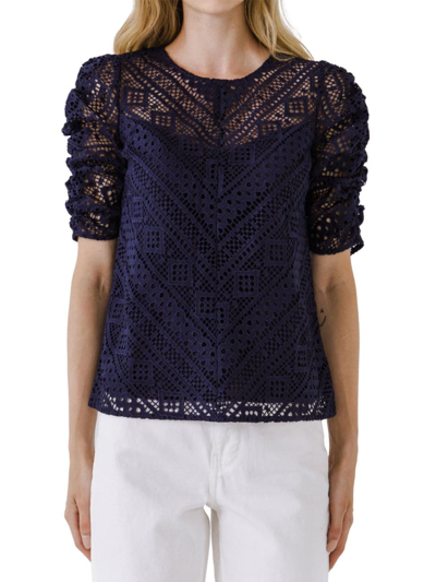 Endless Rose Lillian Lace Embroidered Top In Navy In Black