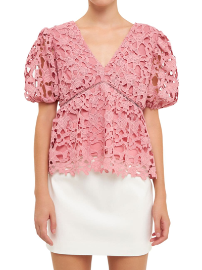 Endless Rose Puff Sleeve Floral Lace Top In Mauve