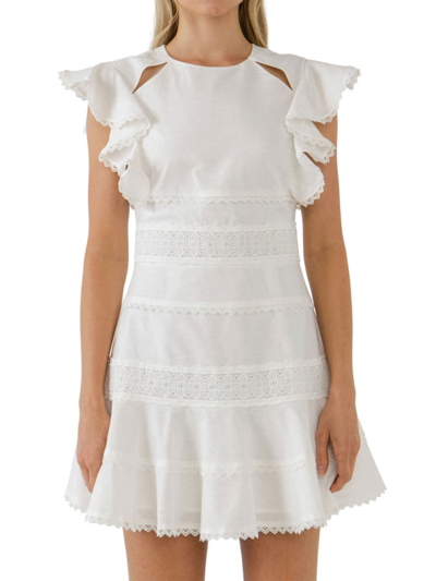 Endless Rose Women's Lace Trimmed Ruffle Sleeve Dress With Cutout In White