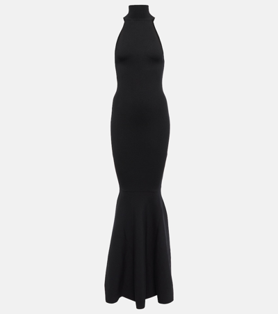 Nina Ricci Mermaid Halter Wool Blend Long Dress In Black