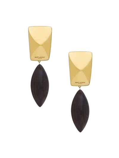 Saint Laurent Women's Pyramid Earrings In Wood And Metal In Brown Gold