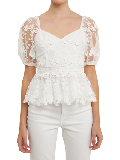 Endless Rose Floral Lace Puff Sleeve Peplum Top In White