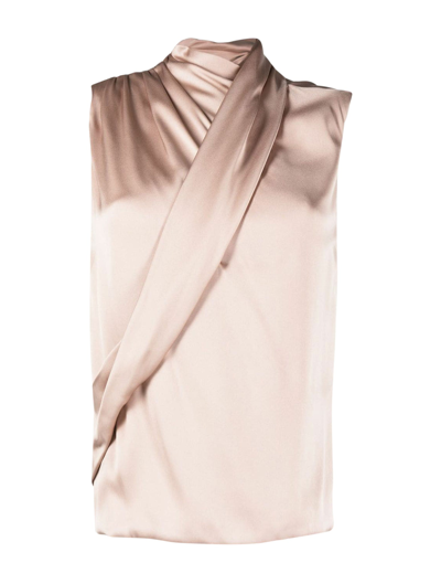 Giorgio Armani Sleeveless Draped Satin-silk Top In Nude & Neutrals