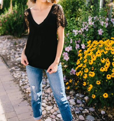 Pol Loaded With Lace V-neck Tee In Black