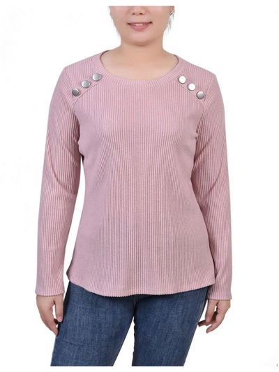 Ny Collection Petite Long Sleeve Ribbed Button Detail Top In Pink