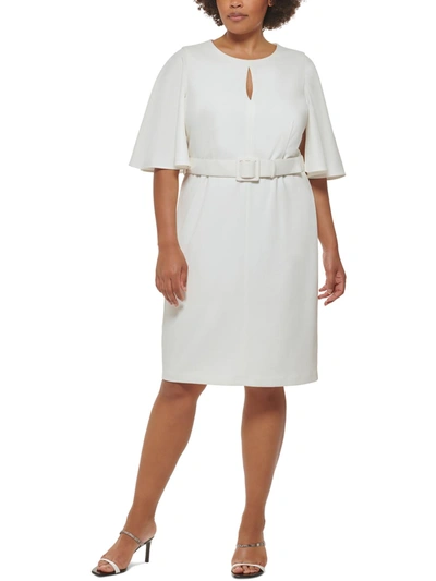 Calvin Klein Plus Womens Belted Midi Sheath Dress In White