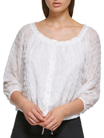 Calvin Klein Womens Textured Long Sleeve Blouse In White