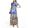 JOHNNY WAS SKY FLOWER ALBA FLOUNCE RUFFLED MAXI SLIP DRESS IN MULTI