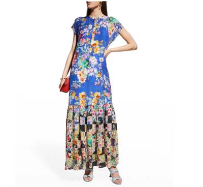 JOHNNY WAS SKY FLOWER ALBA FLOUNCE RUFFLED MAXI SLIP DRESS IN MULTI