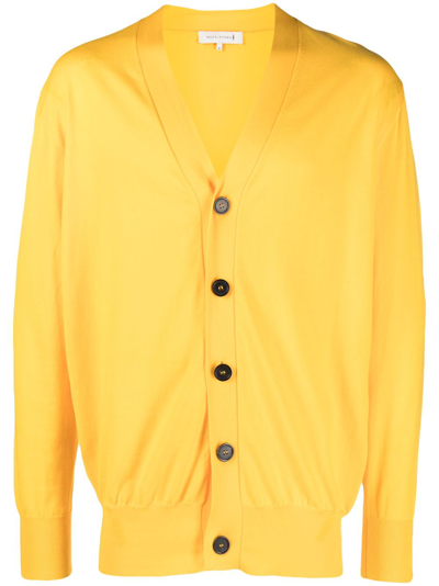 Mackintosh V-neck Cotton Cardigan In Yellow